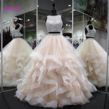 Luxury Crystals Two Pieces Ball Gown O-Neck Beaded Open Back Pageant Gown - Tania's Online Closet, LLC