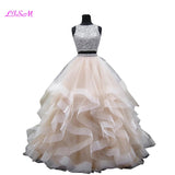 Luxury Crystals Two Pieces Ball Gown O-Neck Beaded Open Back Pageant Gown - Tania's Online Closet, LLC