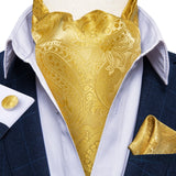 Luxury Gold Plaid Check 100% Silk Men Vintage Ascot Tie Hanky Cufflinks 3Pcs Set - Tania's Online Closet, LLC