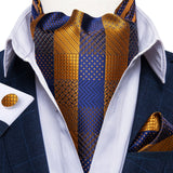 Luxury Gold Plaid Check 100% Silk Men Vintage Ascot Tie Hanky Cufflinks 3Pcs Set - Tania's Online Closet, LLC