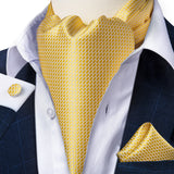 Luxury Gold Plaid Check 100% Silk Men Vintage Ascot Tie Hanky Cufflinks 3Pcs Set - Tania's Online Closet, LLC