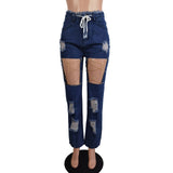 Metal Chain Hollow Out Patchwork Denim Women Fashion Drawstring Straight Ripped Jeans - Tania's Online Closet, LLC