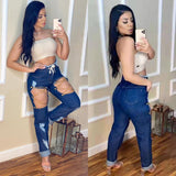 Metal Chain Hollow Out Patchwork Denim Women Fashion Drawstring Straight Ripped Jeans - Tania's Online Closet, LLC