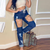 Metal Chain Hollow Out Patchwork Denim Women Fashion Drawstring Straight Ripped Jeans - Tania's Online Closet, LLC