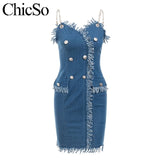 Chain denim mini blue dress Women tassel jean dress - Tania's Online Closet, LLC