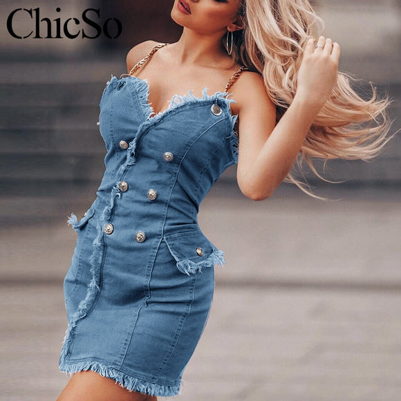 Chain denim mini blue dress Women tassel jean dress - Tania's Online Closet, LLC