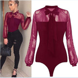 New 2020 Summer Bodysuit Sexy Bow Mock Neck Patchwork Long Sleeve Lace Bodysuit - Tania's Online Closet, LLC