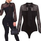 New 2020 Summer Bodysuit Sexy Bow Mock Neck Patchwork Long Sleeve Lace Bodysuit - Tania's Online Closet, LLC