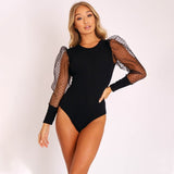 New 2020 Summer Bodysuit Sexy Bow Mock Neck Patchwork Long Sleeve Lace Bodysuit - Tania's Online Closet, LLC