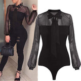 New 2020 Summer Bodysuit Sexy Bow Mock Neck Patchwork Long Sleeve Lace Bodysuit - Tania's Online Closet, LLC
