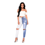 New High Waist Two tone Jeans Ripped Knee Hole Stretchy Denim Jeans - Tania's Online Closet, LLC