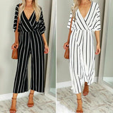 OL Ladies Half Sleeve Striped Loose Baggy Trousers Jumpsuit Overalls Wide Leg Trousers Romper Jumpsuit - Tania's Online Closet, LLC