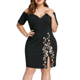 Off The Shoulder Women Bodycon Dresses Plus Size 5XL 4XL Side Slit Emboridery - Tania's Online Closet, LLC