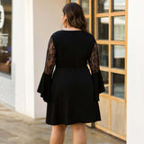 Black Cocktail Dresses A-Line Full Sleeve Ruffles V-Neck See-Through Above Knee Lace Plus size dress - Tania's Online Closet, LLC