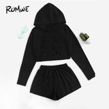 Black Drop Shoulder Drawstring hoodie Top With Shorts Two Piece Set - Tania's Online Closet, LLC