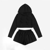 Black Drop Shoulder Drawstring hoodie Top With Shorts Two Piece Set - Tania's Online Closet, LLC