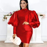 Red Dresses Plus Size Long Lantern Sleeve Women Bodycon Sexy Mini Gowns - Tania's Online Closet, LLC