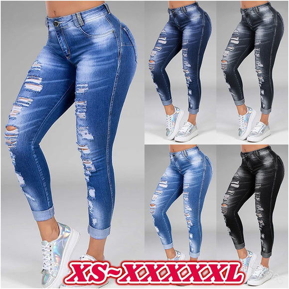 Ripped Hole Jeans for Women High Waist Denim Pants Mom Jeans Elasticity - Tania's Online Closet, LLC