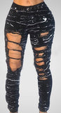 Ripped Jeans for Women Mid-waist Hole Chain Jeans Paint Destroyed Stretch Jeans - Tania's Online Closet, LLC
