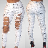 Ripped Jeans for Women Mid-waist Hole Chain Jeans Paint Destroyed Stretch Jeans - Tania's Online Closet, LLC