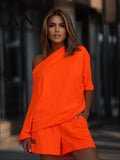 Spring New Women's Solid Off Shoulder Shorts Sports Set