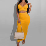 Sexy Two Piece Sets V-Neck Long Sleeve Crop Top Knitted Long Skirt-Bodycon