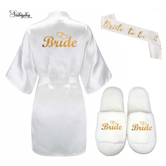 3pc set of glitter gold bride satin short bride robe slippers bridal sash  Bridal Party 2019 - Tania's Online Closet, LLC
