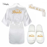3pc set of glitter gold bride satin short bride robe slippers bridal sash  Bridal Party 2019 - Tania's Online Closet, LLC