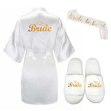 3pc set of glitter gold bride satin short bride robe slippers bridal sash  Bridal Party 2019 - Tania's Online Closet, LLC