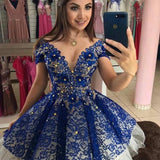 Sparkly V Neck Short Lace Dresses Beaded Appliques Formal Prom Mini Party Gown - Tania's Online Closet, LLC