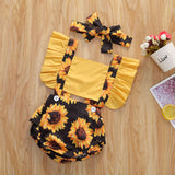 Girls Summer Clothes Sunflower Romper Ruffle Jumpsuit- Headband Outfits 0-24M - Tania's Online Closet, LLC