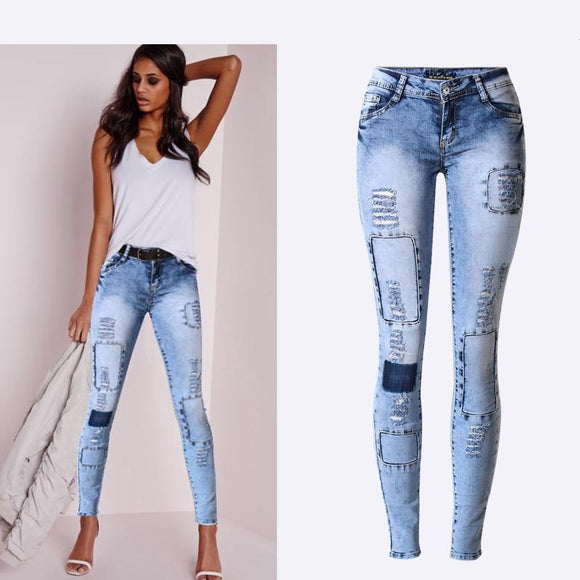 Low Waist Sky Blue Patchwork Skinny Tights Women Pencil Jeans High Stretch Denim - Tania's Online Closet, LLC