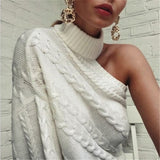 Long Sleeve Knitted One Shoulder Sweater solid Turtle Neck pullover - Tania's Online Closet, LLC