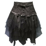 Women Denim Mesh Splice Skirt High Waist Asymmetric Frill Tulle Gothic skirt - Tania's Online Closet, LLC
