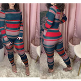 Autumn Striped Print Bodycon Jumpsuit Women Rompers Long Sleeve One Piece - Tania's Online Closet, LLC