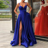 Evening Dress with High Slit Satin- Spaghetti Straps Sweetheart dress - Tania's Online Closet, LLC