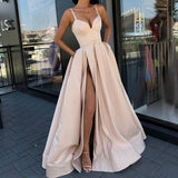 Evening Dress with High Slit Satin- Spaghetti Straps Sweetheart dress - Tania's Online Closet, LLC