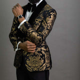 2 Piece Black Floral Jacquard Men Suits Slim Fit with Velvet Shawl Lapel - Tania's Online Closet, LLC
