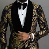 2 Piece Black Floral Jacquard Men Suits Slim Fit with Velvet Shawl Lapel - Tania's Online Closet, LLC