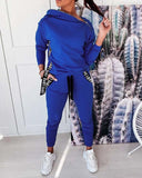 2 Piece Outfit trending Zipper Pockets Irregular Collar Long Sleeve Solid Top+Drawstring Loose Trousers - Tania's Online Closet, LLC