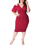 Plus Size Vintage Dress V Neck Hollow Out Tight Slim Midi Dress - Tania's Online Closet, LLC