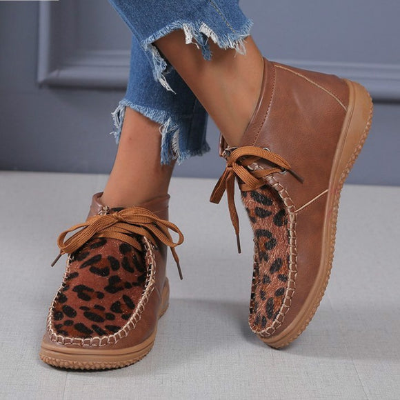 New Round Head Leopard Print Leather Boots Winter Ankle Boots for Women with Flat Bottoms - Tania's Online Closet, LLC