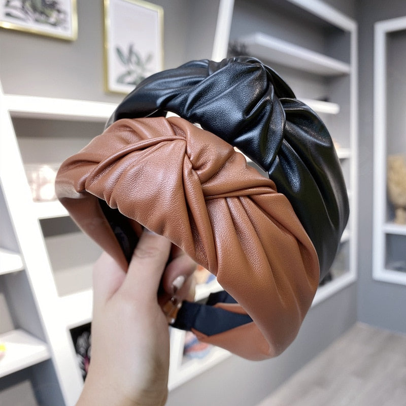 Vintage Solid PU Leather Bezel Hair Bands For Women Turban