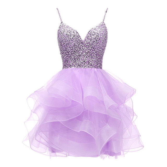 Spaghetti Beaded Short Homecoming Dresses Sequins Crystal Prom Mini Gown