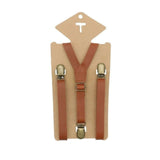 3 Clips Y Back Kid Brown Tan Leather Suspender And Bow Tie Set- Adjustable - Tania's Online Closet, LLC