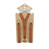 3 Clips Y Back Kid Brown Tan Leather Suspender And Bow Tie Set- Adjustable - Tania's Online Closet, LLC
