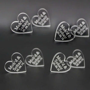 30 pcs Personalized Engraved  Name Card Mirror / Clear MR & MRS Surname Heart Wedding Table Decoration- Favors Customized - Tania's Online Closet, LLC