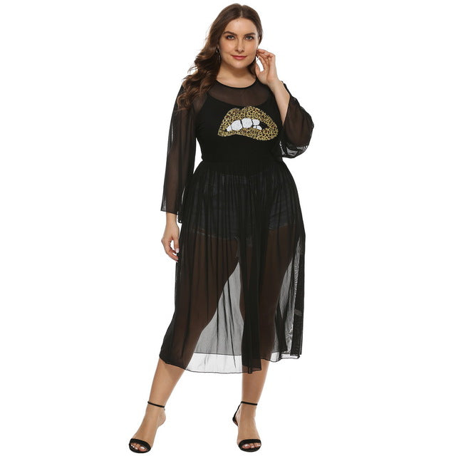 plus size mesh dress Plus Size Leopard Print Dress Transparent Mesh Dress
