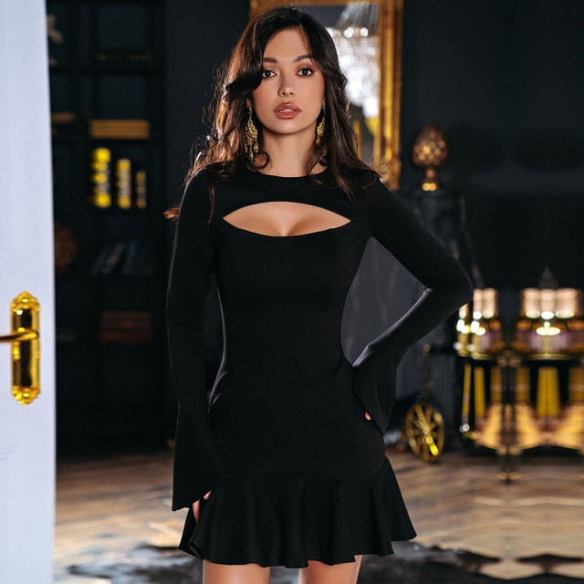 long sleeve bandage dress Women White Ruffles Long Sleeve Bandage Dress Sexy Hollow Out Dress