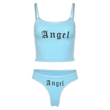 Angel Letter Print Set Sleeveless Crop Top Lace Brief Two Piece Set - Tania's Online Closet, LLC